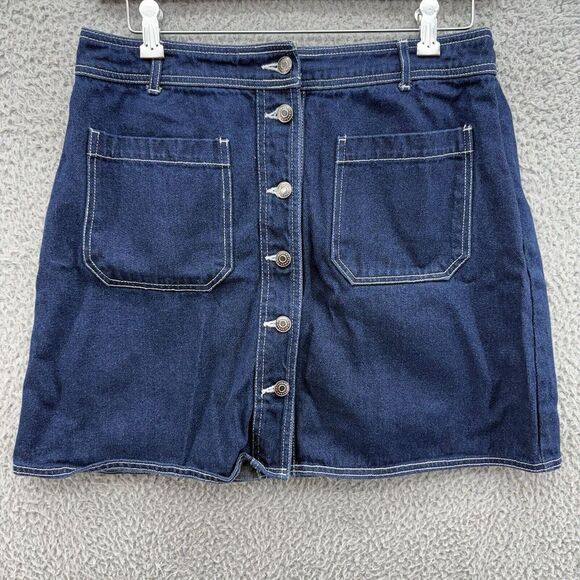 Popsugar Classic‎ Denim Skirt Size 14 Blue Jean Button Front Dark Wash Pockets - Picture 1 of 7